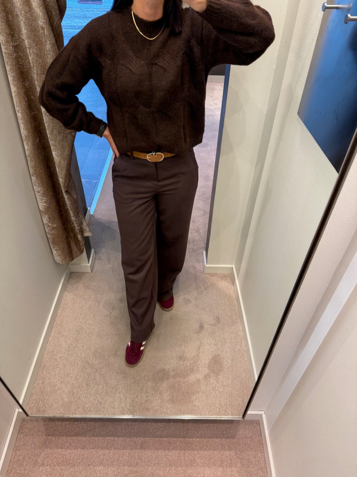 PCJENNA LS O-NECK CABLE KNIT HOT FUDGE