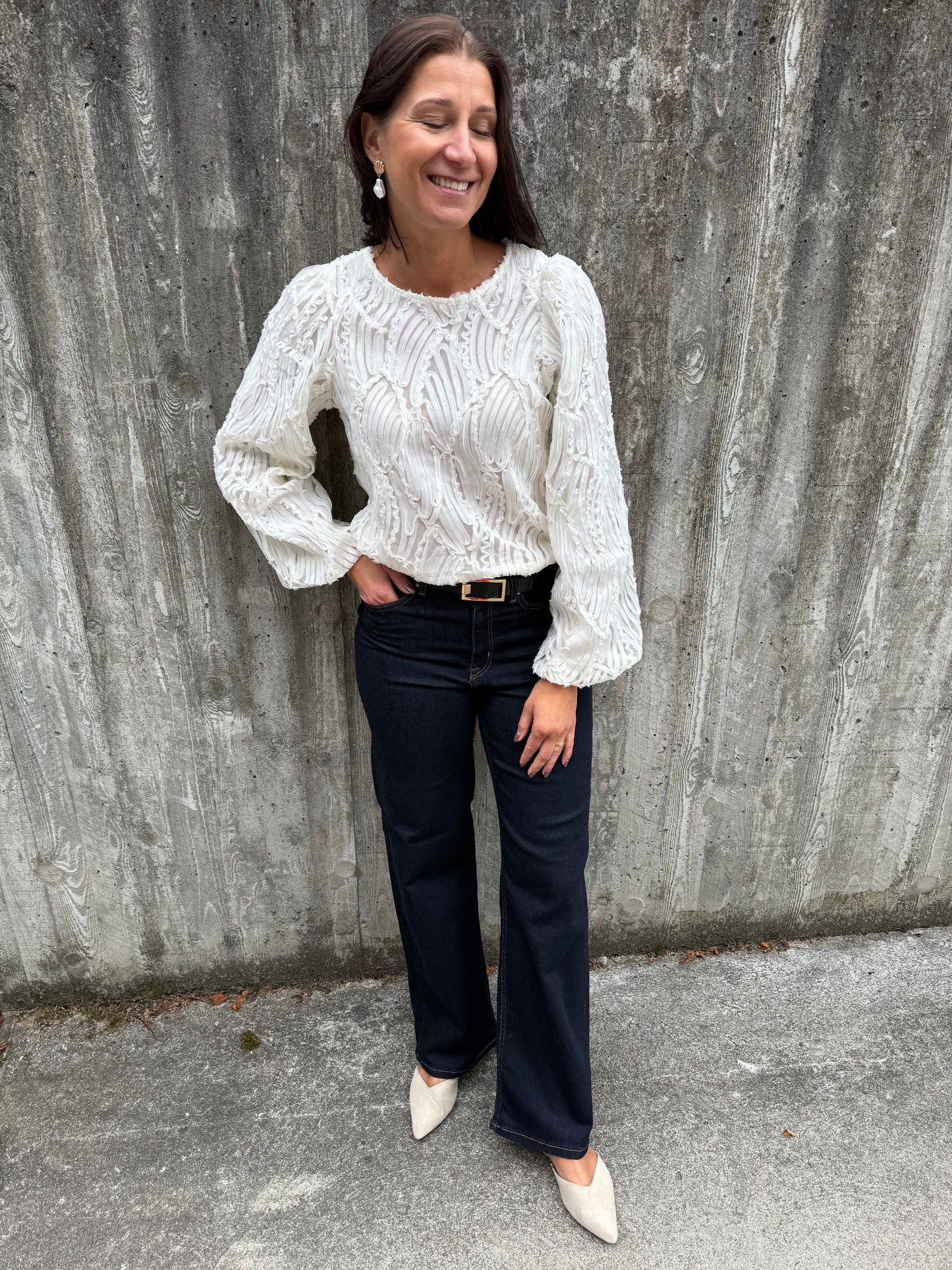 OBJLUCIE L/S RE O-NECK TOP WHITE SAND