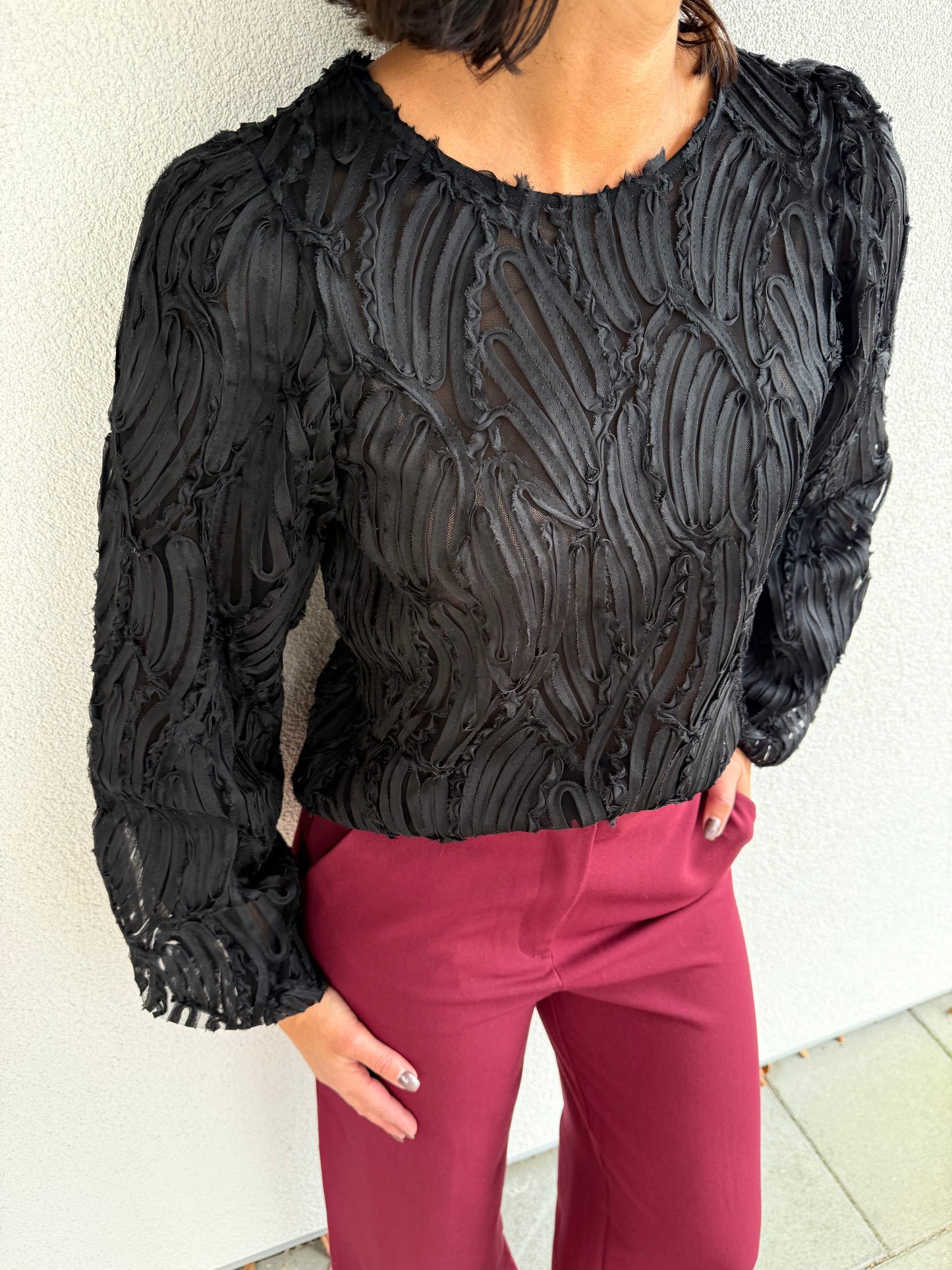 OBJLUCIE L/S RE O-NECK TOP BLACK