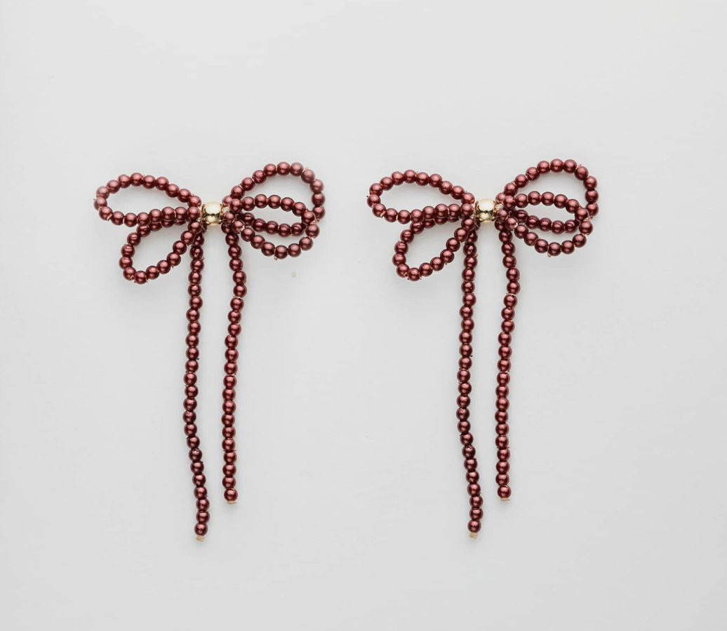 Pearl Bow Earrings- Vinröd