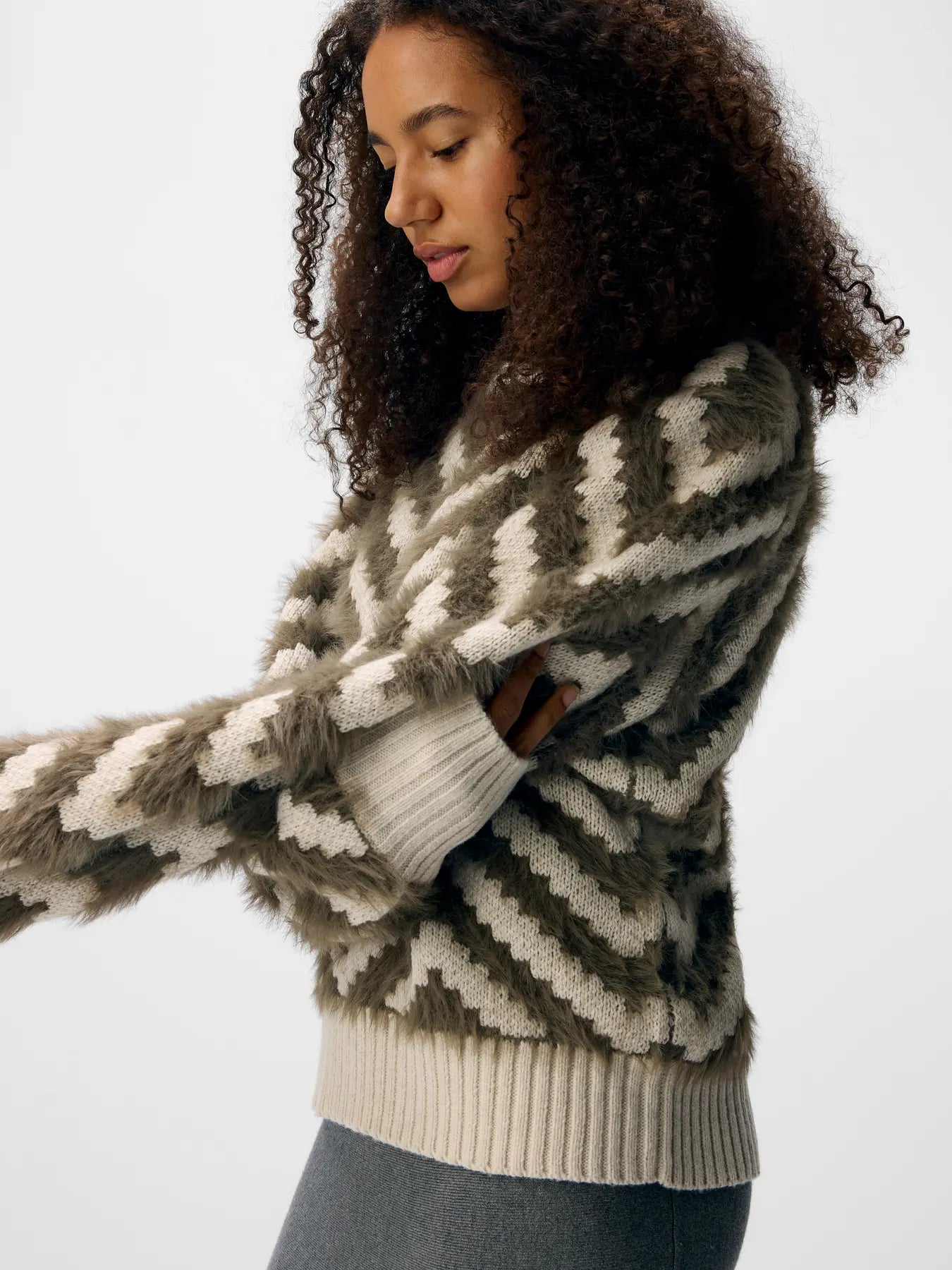 OBJHOLLOW L/S KNIT PULLOVER MOREL/WHITE