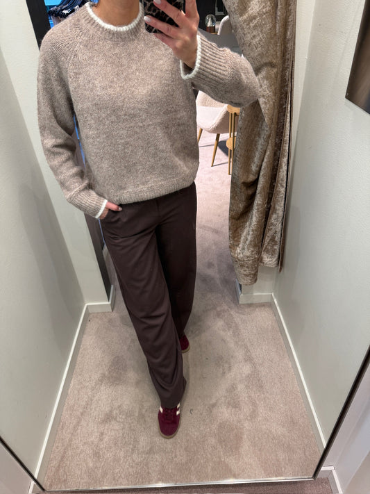 PCIVY LS O-NECK CONTRAST KNIT BEIGE