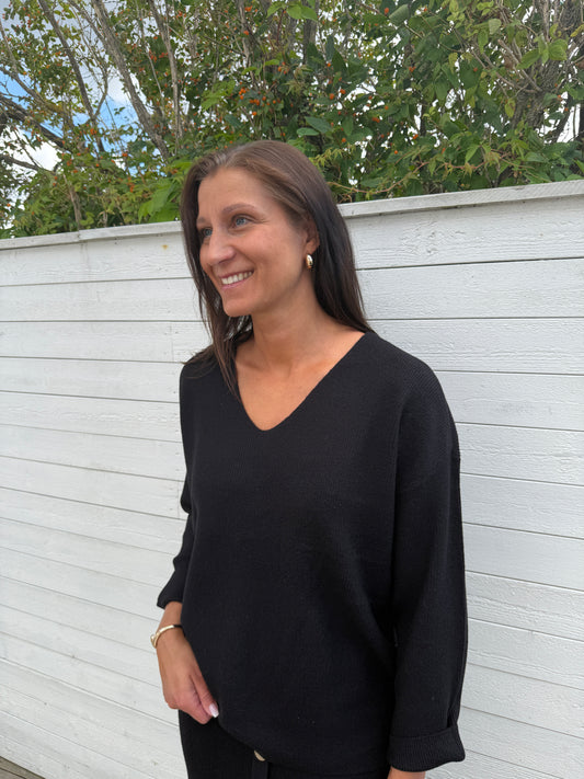 ONLIBI LS RIB LOOSE V-NECK BLACK