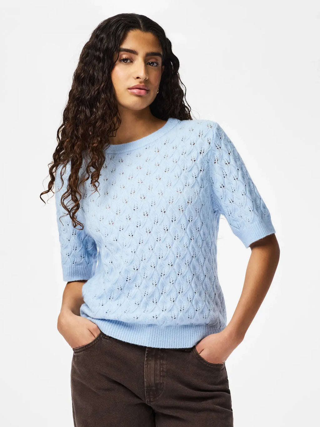 PCLELOU SS O-NECK KNIT- LJUSBLÅ