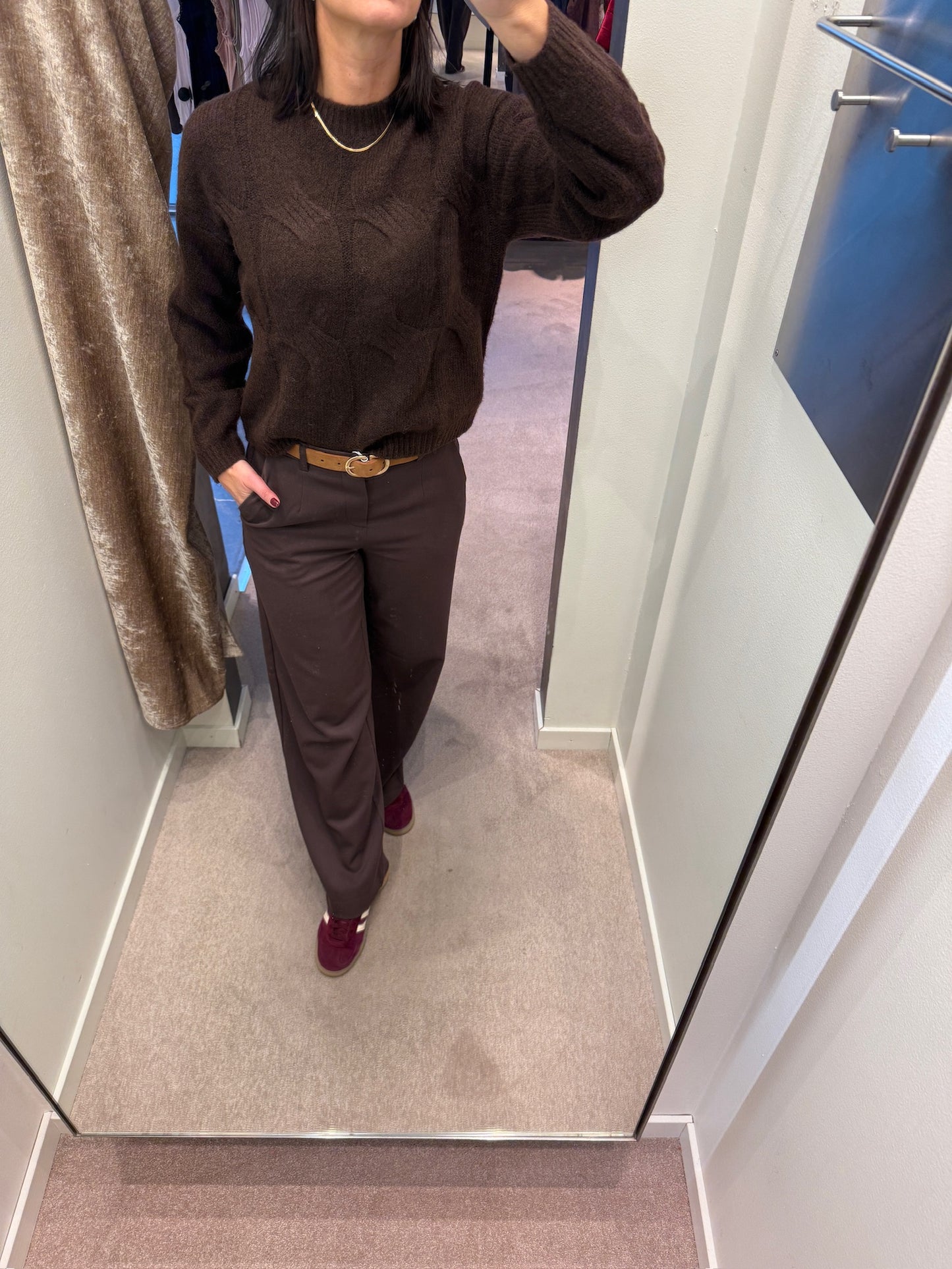 PCJENNA LS O-NECK CABLE KNIT HOT FUDGE