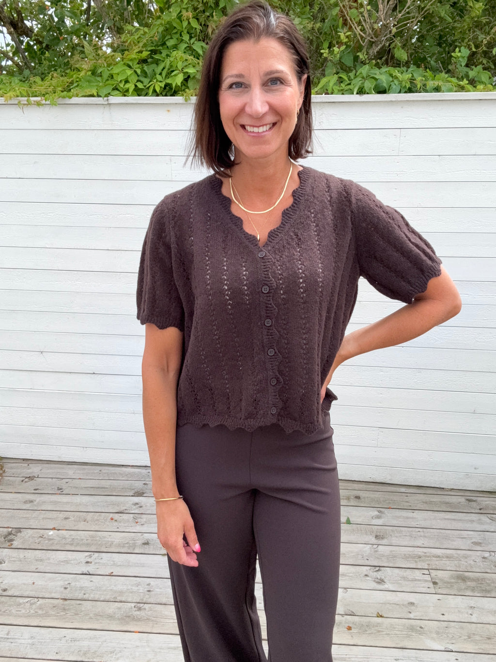 PCADA SS V-NECK KNIT CARDIGAN GANACHE