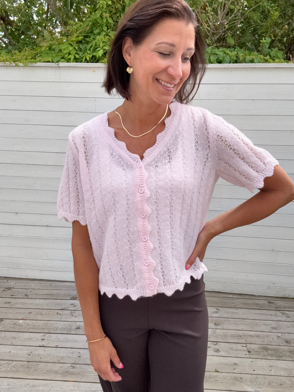 PCADA SS V-NECK KNIT CARDIGAN PINK
