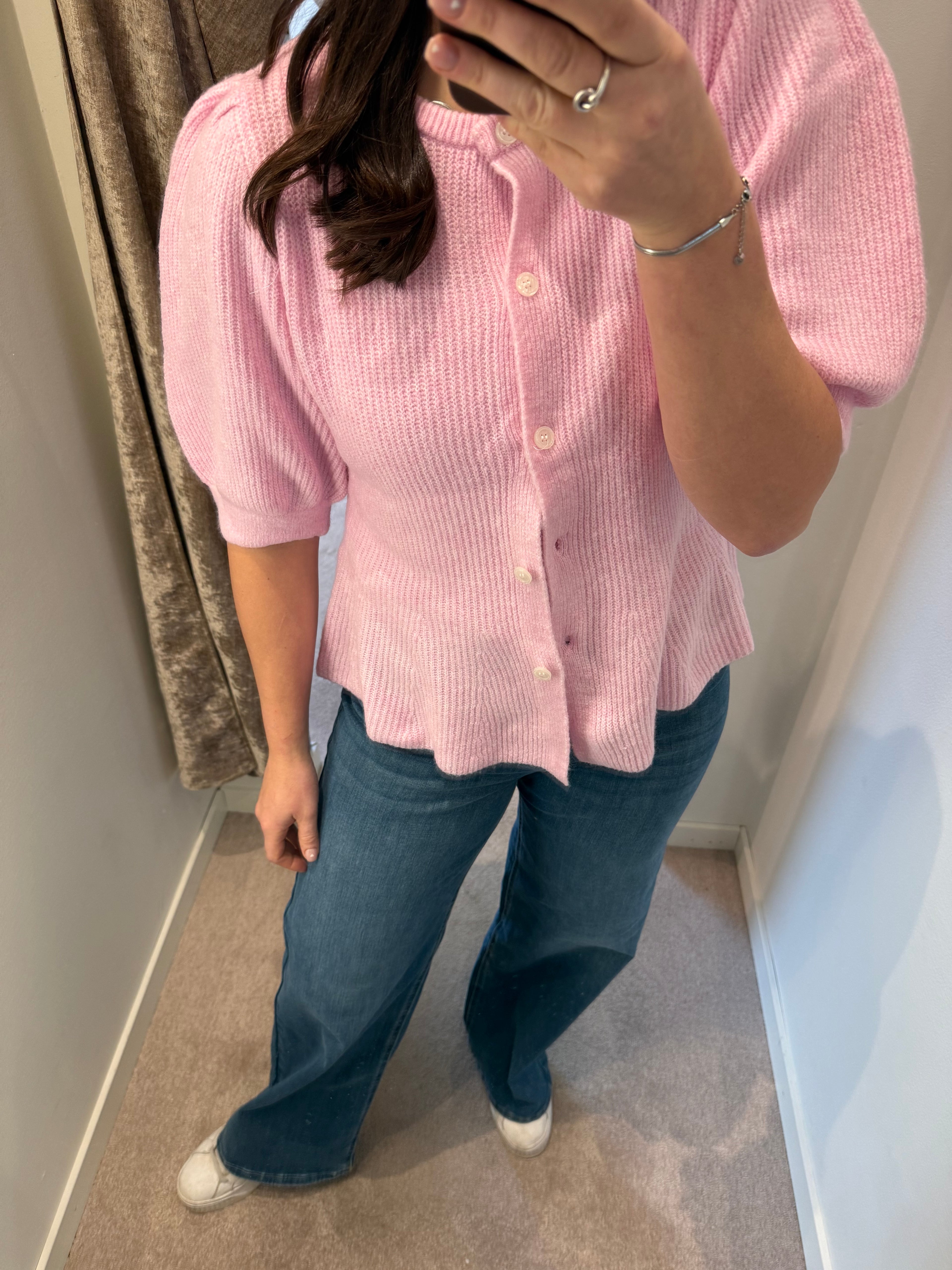 PCSILLY SS PUFF KNIT CARDIGAN PINK