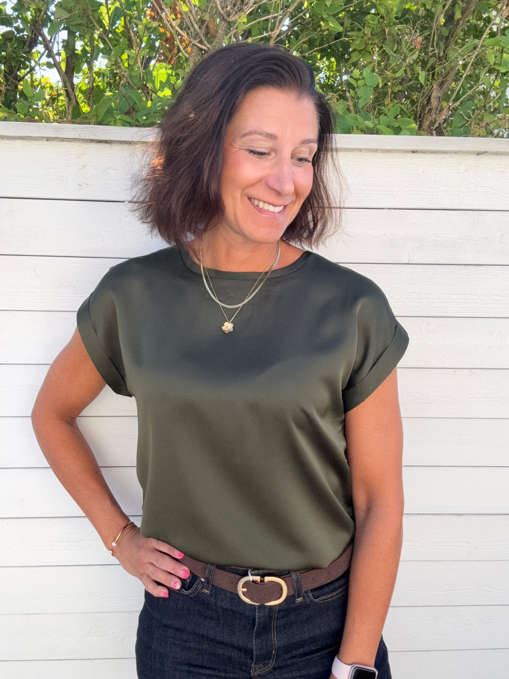 VIELLETTE S/S SATIN TOP- FOREST NIGHT