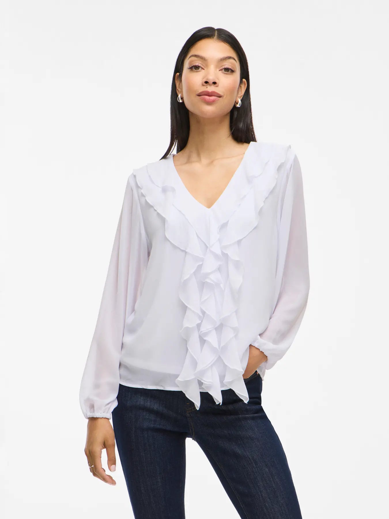 VIANE L/S V-NECK FRILL TOP