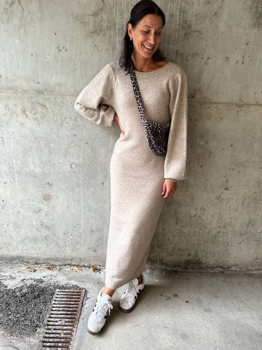 PCMARCELLO LS DEEP BACK KNIT DRESS BEIGE