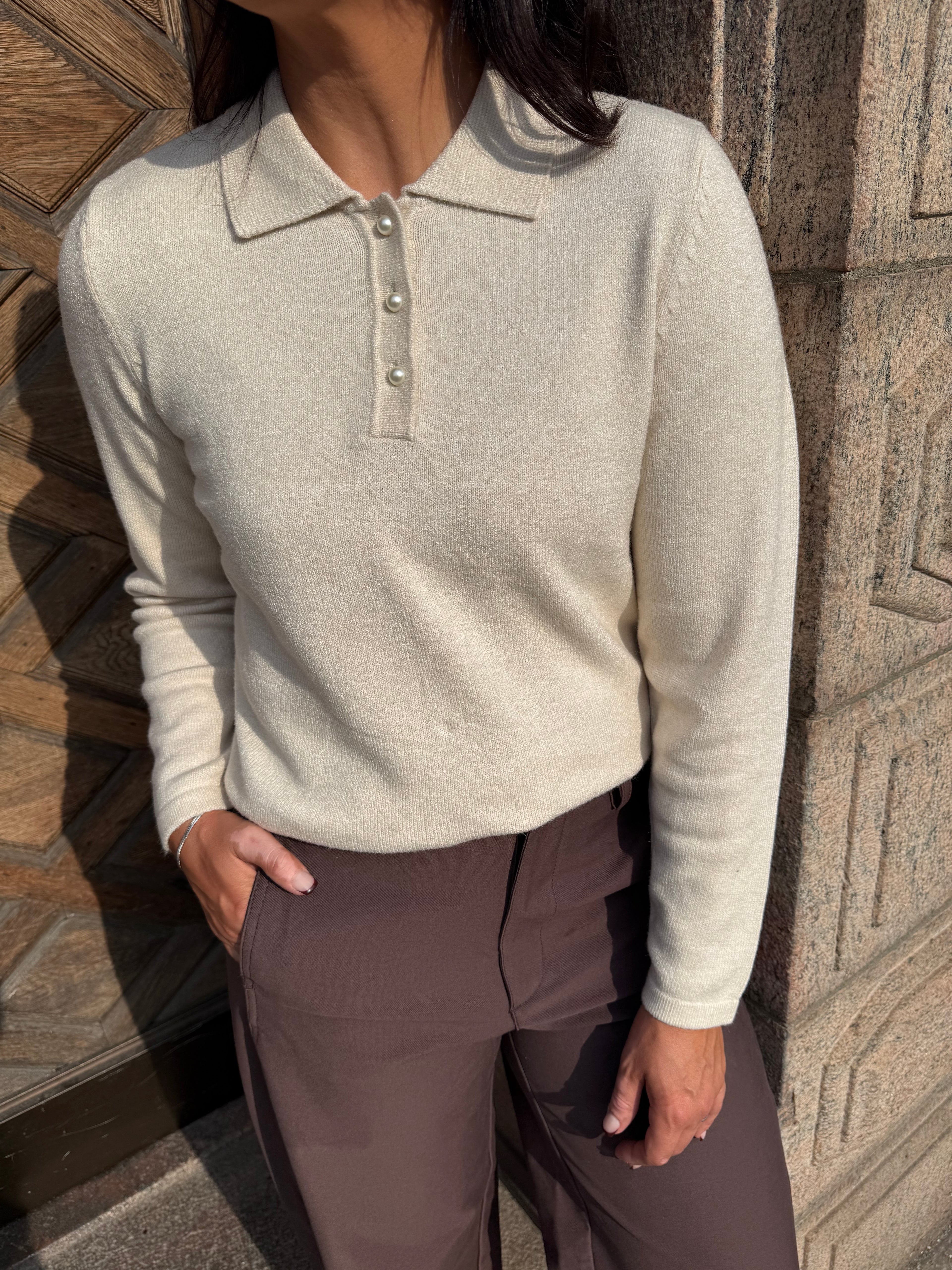 VIRIL L/S POLO PULLOVER KNIT SUPER LIGHT NATURAL MELANGE
