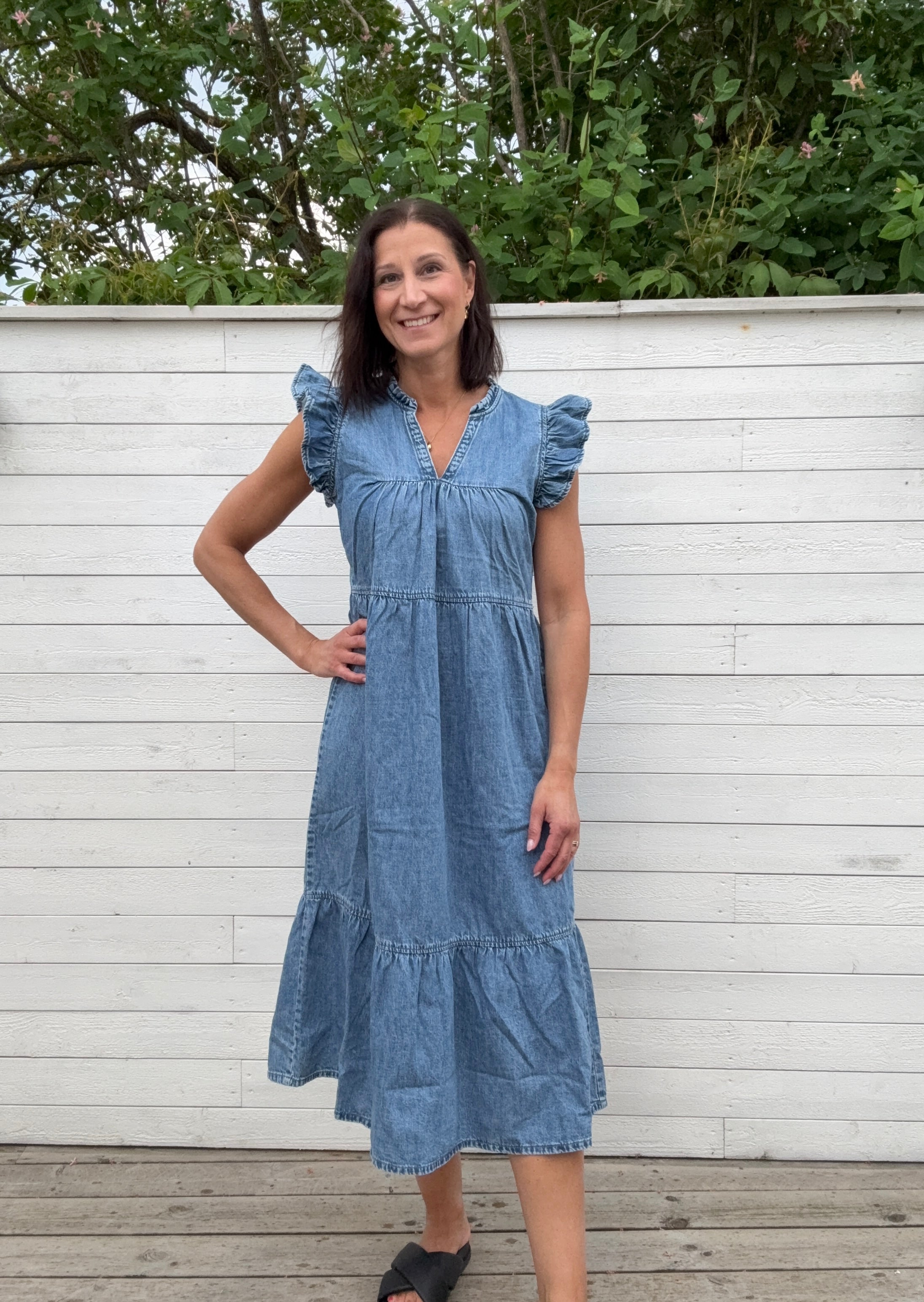 ONLSHANIA S/L FRILL MIDI DNM DRESS