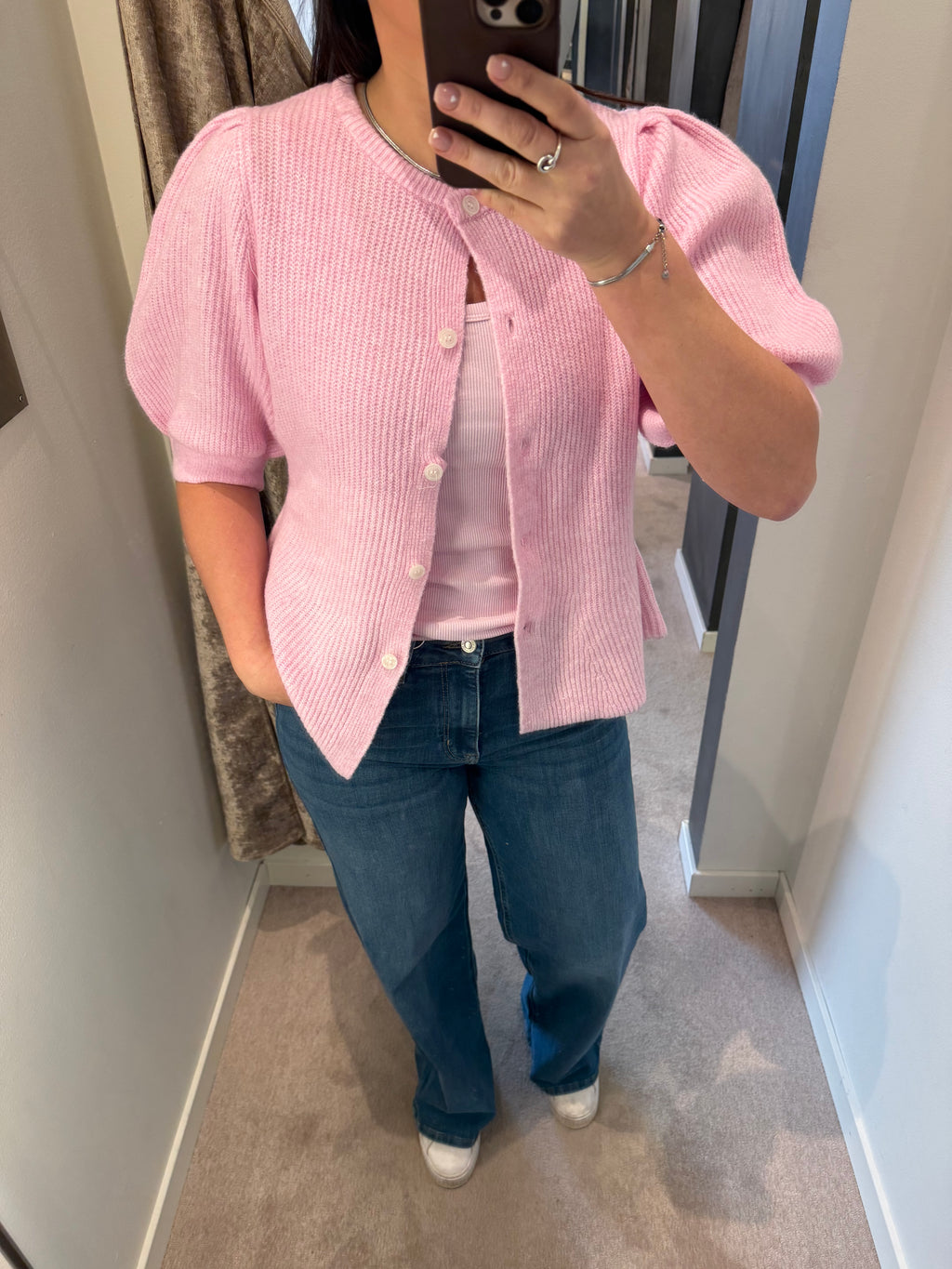 PCSILLY SS PUFF KNIT CARDIGAN PINK