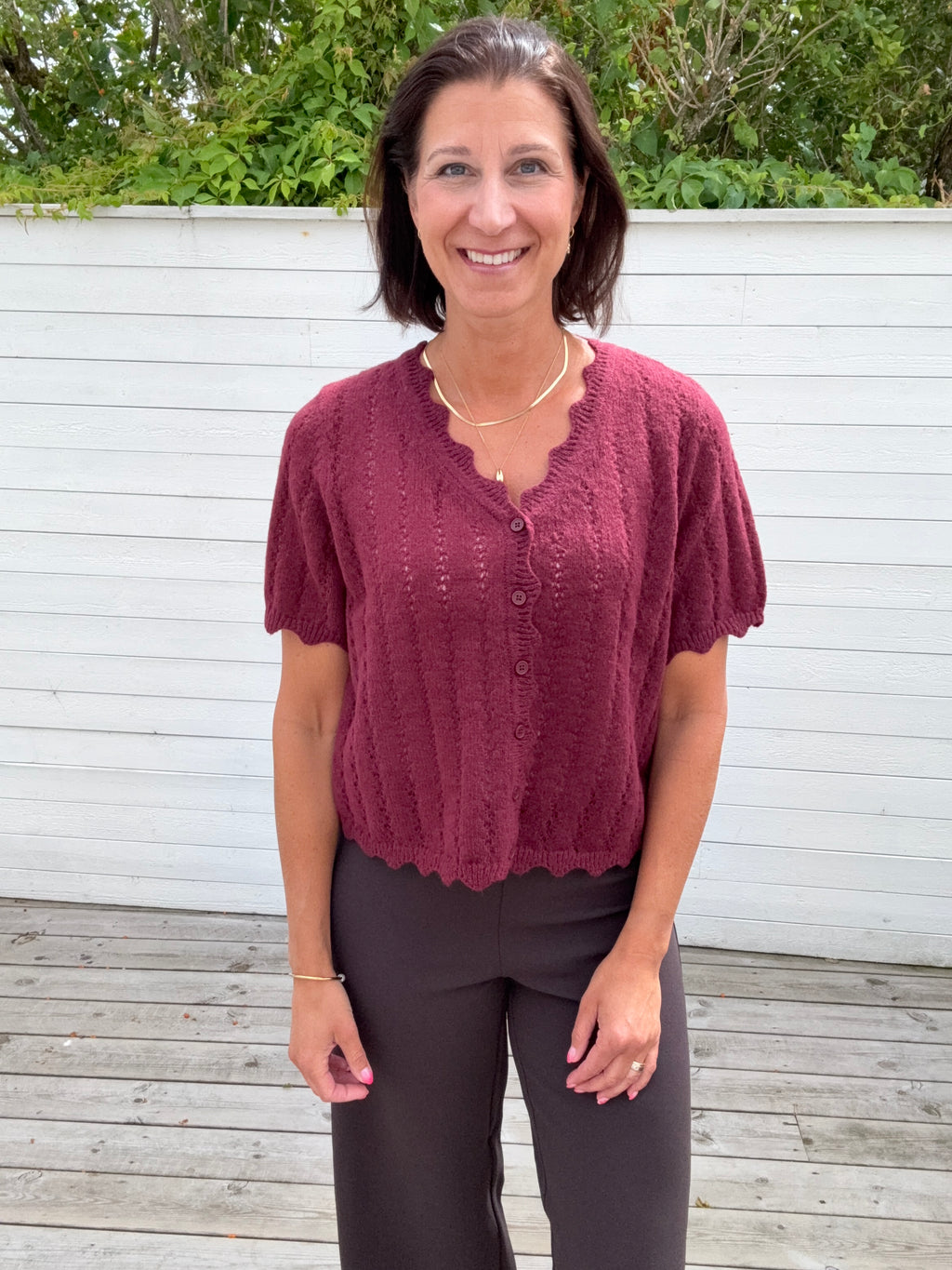 PCADA SS V-NECK KNIT CARDIGAN WINETASTING