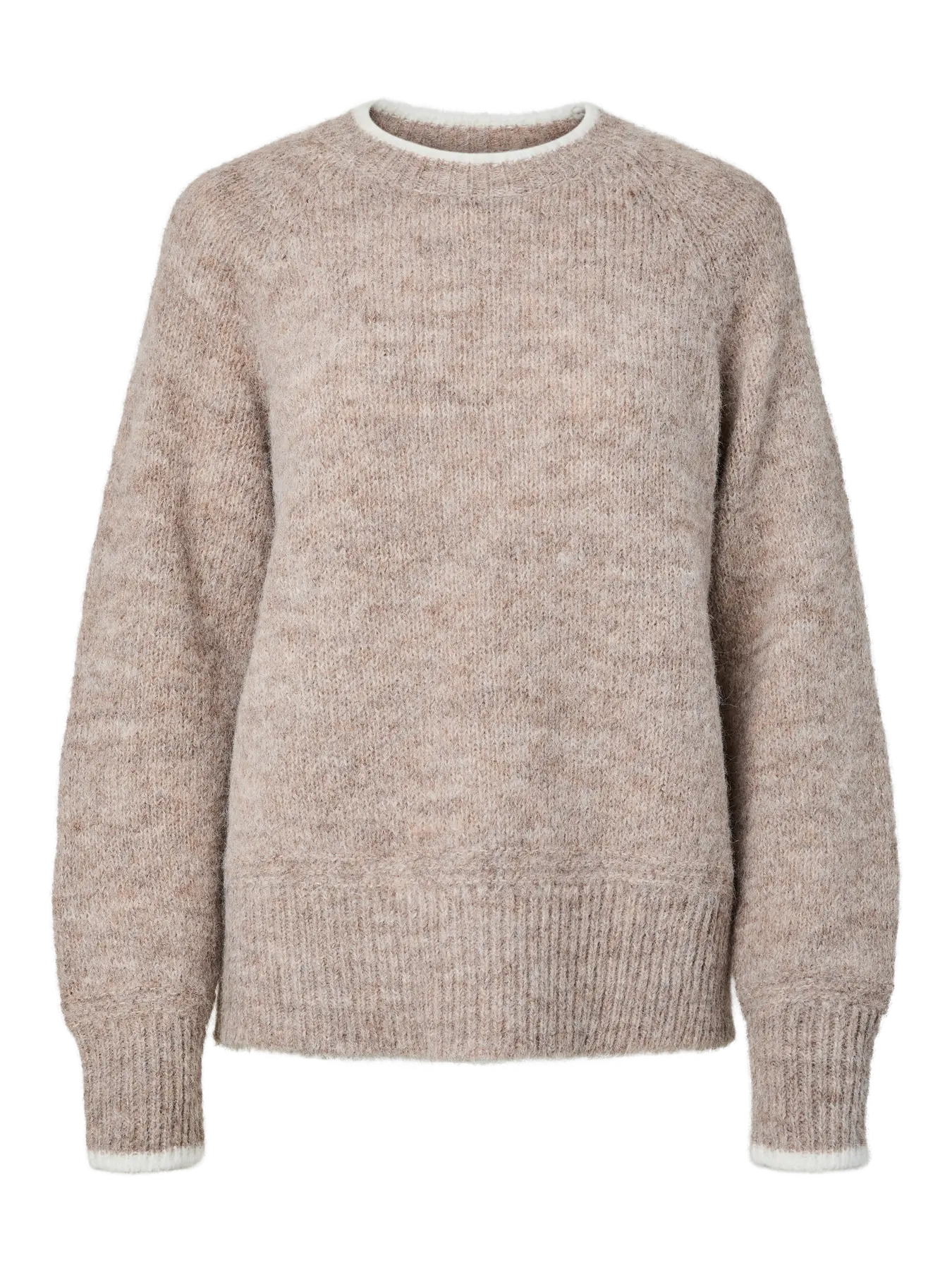 PCIVY LS O-NECK CONTRAST KNIT BEIGE