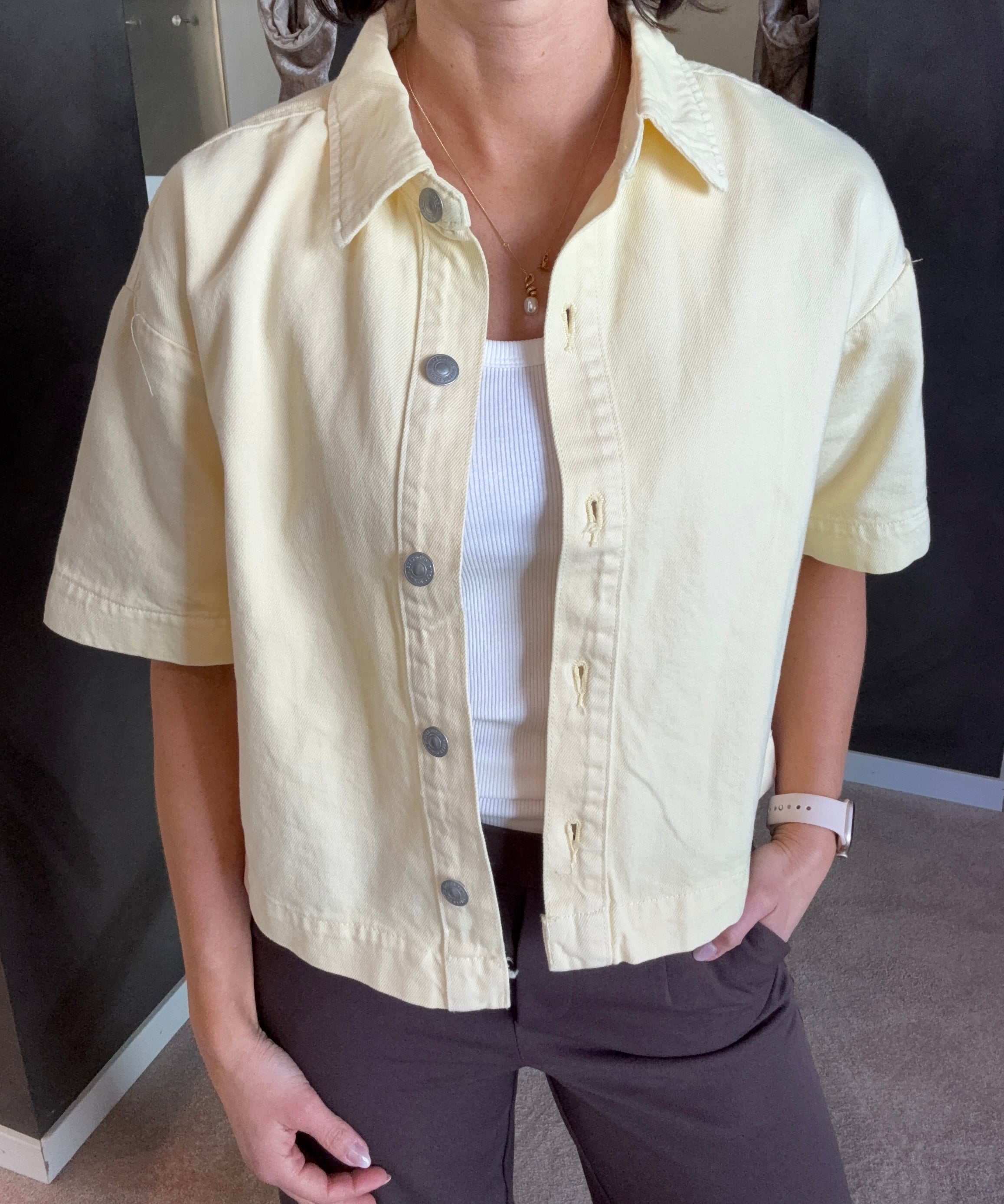 PCSKY SS A-SHAPE DENIM TOP FRENCH VANILLA