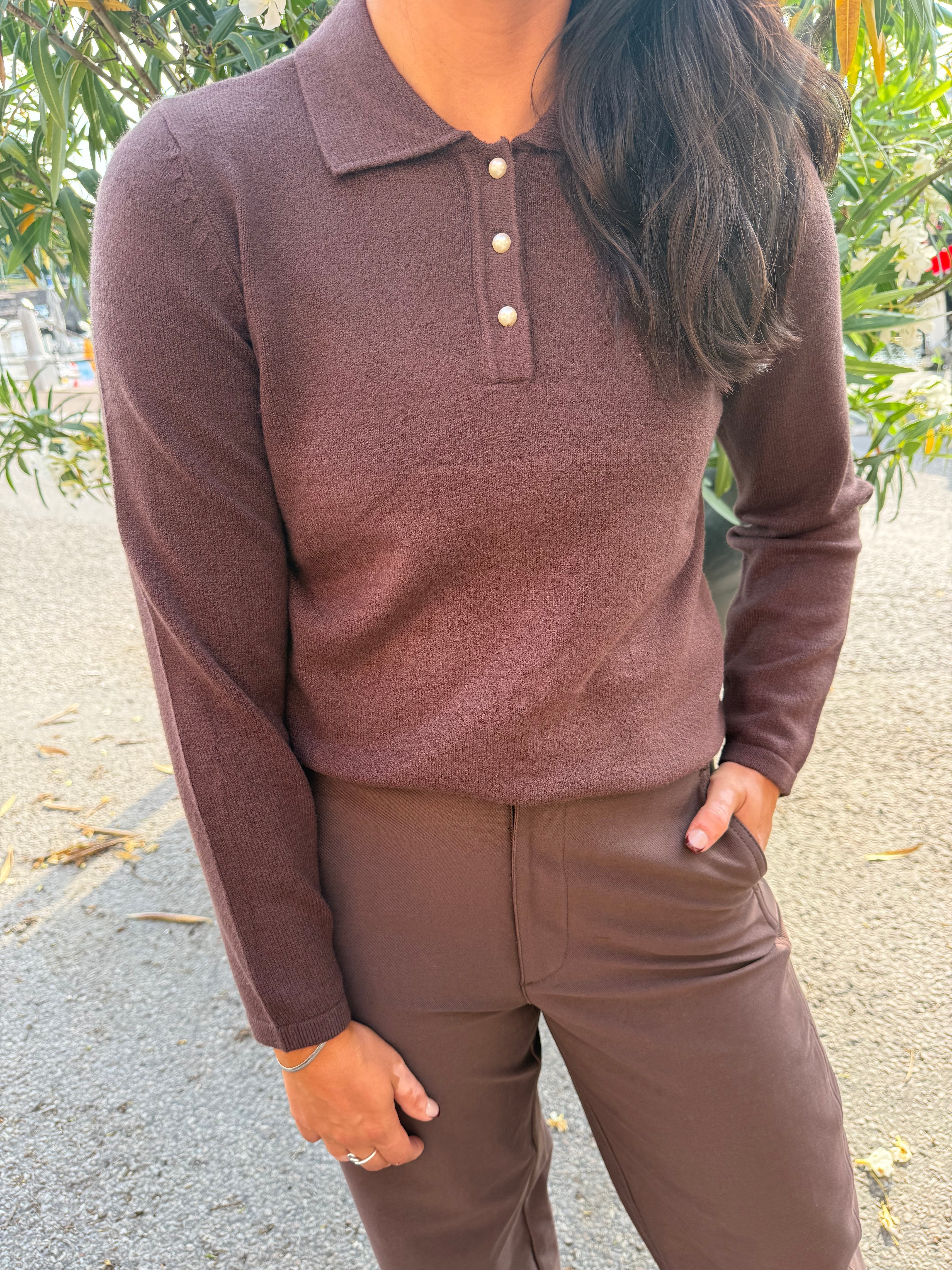 VIRIL L/S POLO PULLOVER KNIT COFFEE BEAN