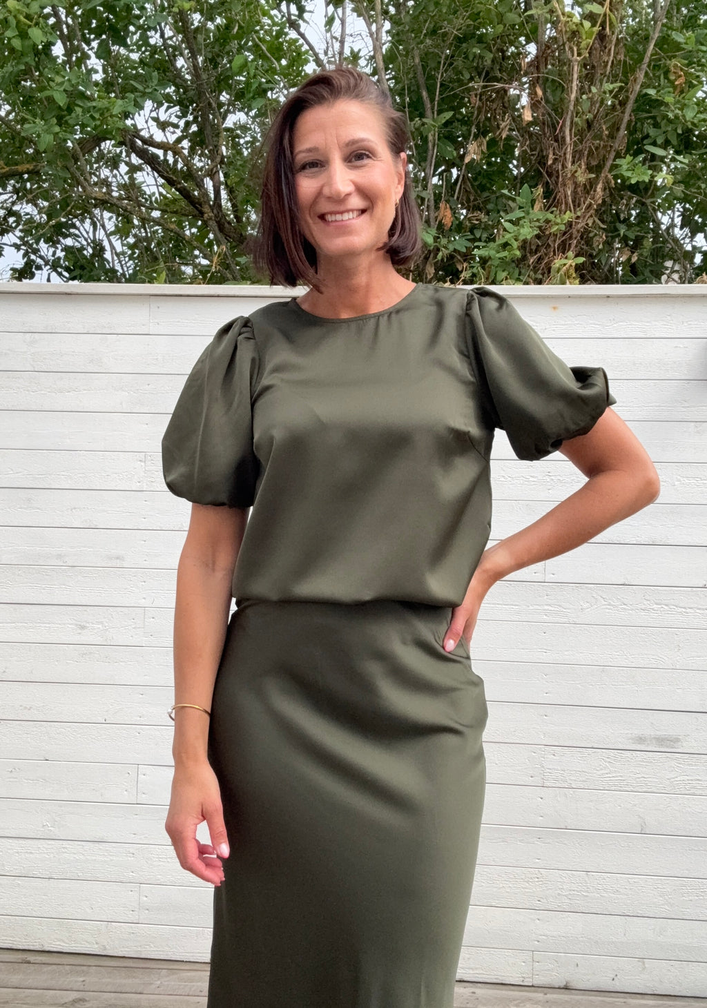 VIELLETTE 2/4 SATIN PUFF TOP FOREST NIGHT