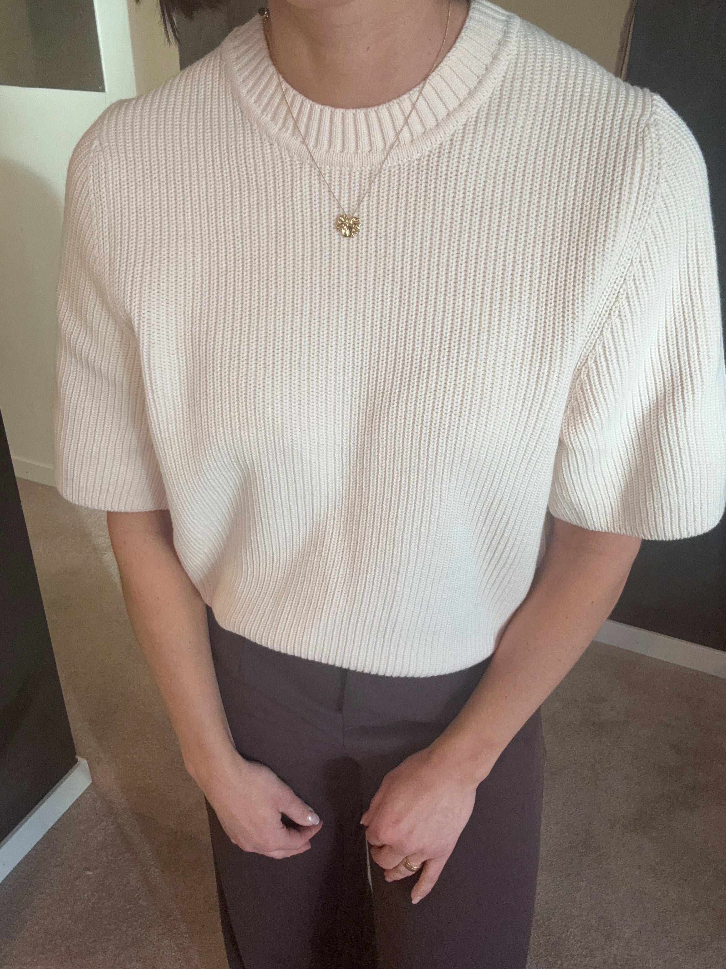 OBJFLO S/S KNIT PULLOVER WHITE SAND