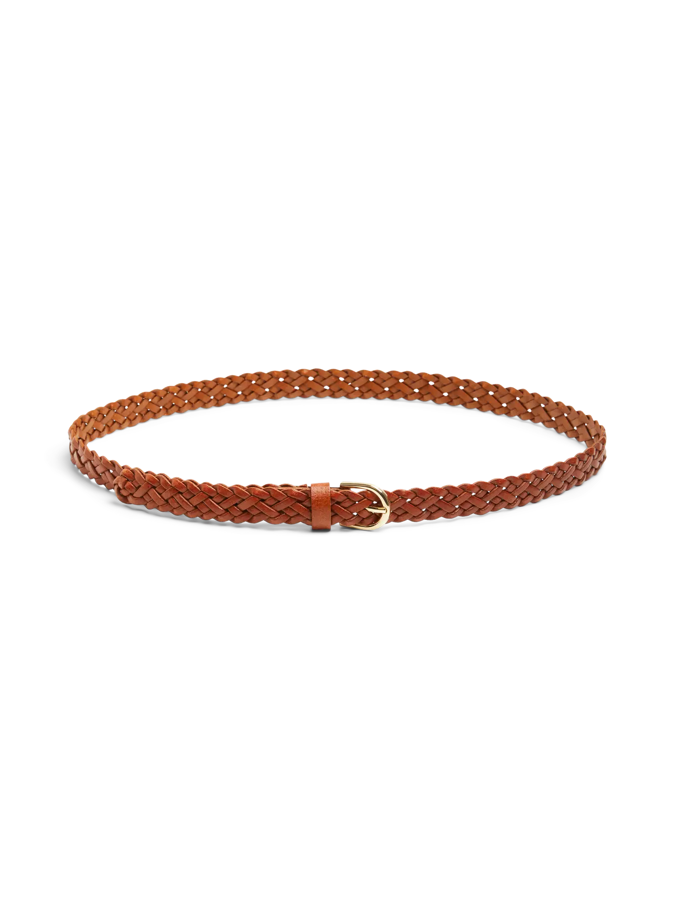 PCAVERY LEATHER BRAIDED SLIM BELT COGNAC