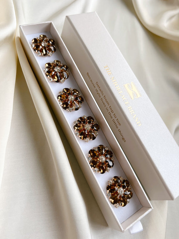 ERIKA – BROWN CRYSTAL FLOWER BUTTON CHARM GOLD- 2 pack