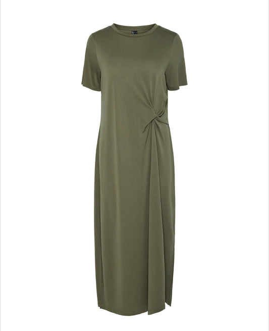 PCANORA SS O-NECK KNOT DRESS GREEN
