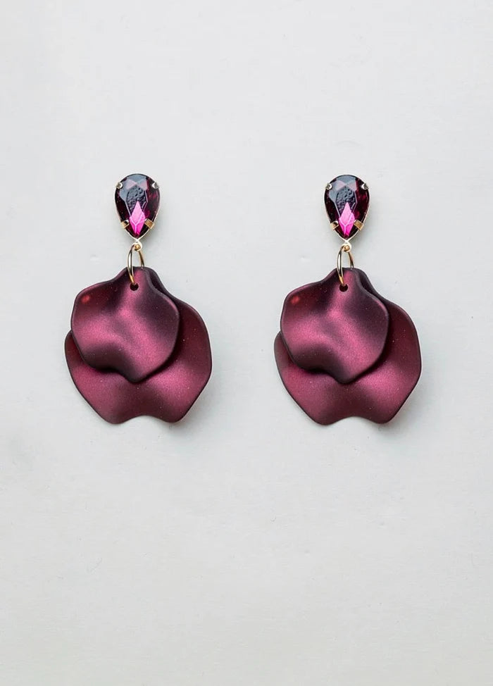 Leaf Earrings Cz Burgundy