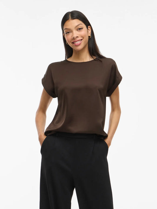 VIELLETTE S/S SATIN TOP COFFEE BEAN