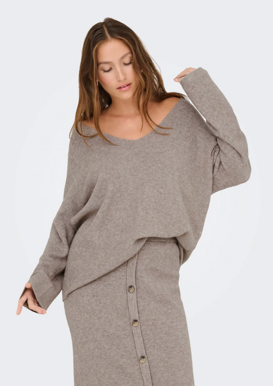 ONLIBI LS RIB LOOSE V-NECK BEIGE