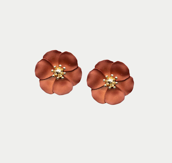 Flower Small Earrings - Metallic brown