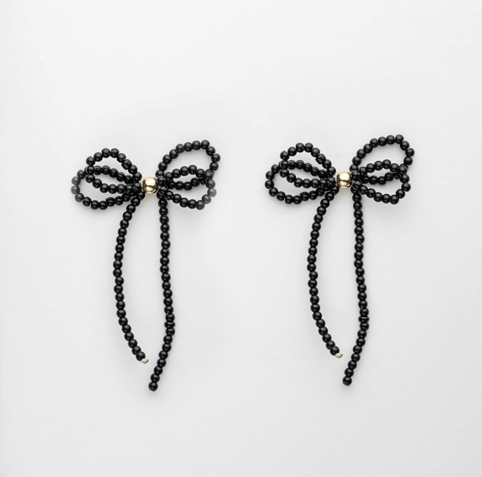 Pearl Bow Earrings- Black