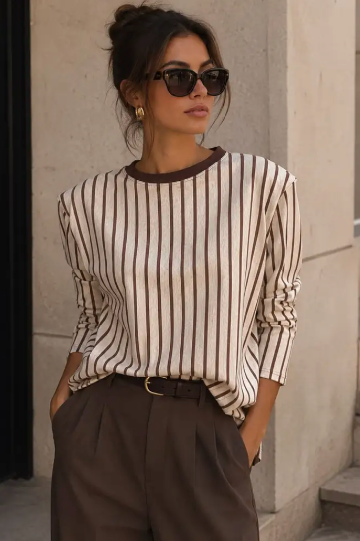 VERA Striped Long Sleeve T-shirt with Structured Shoulders- TE506