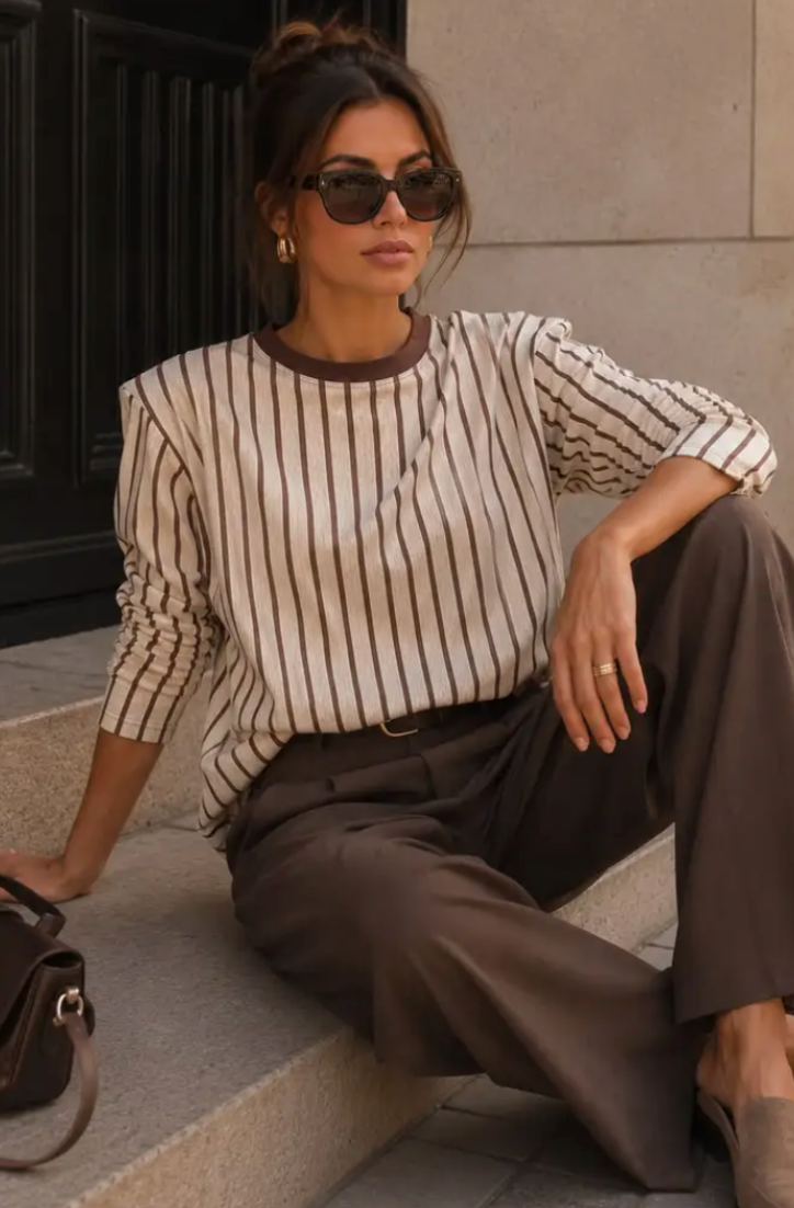 VERA Striped Long Sleeve T-shirt with Structured Shoulders- TE506