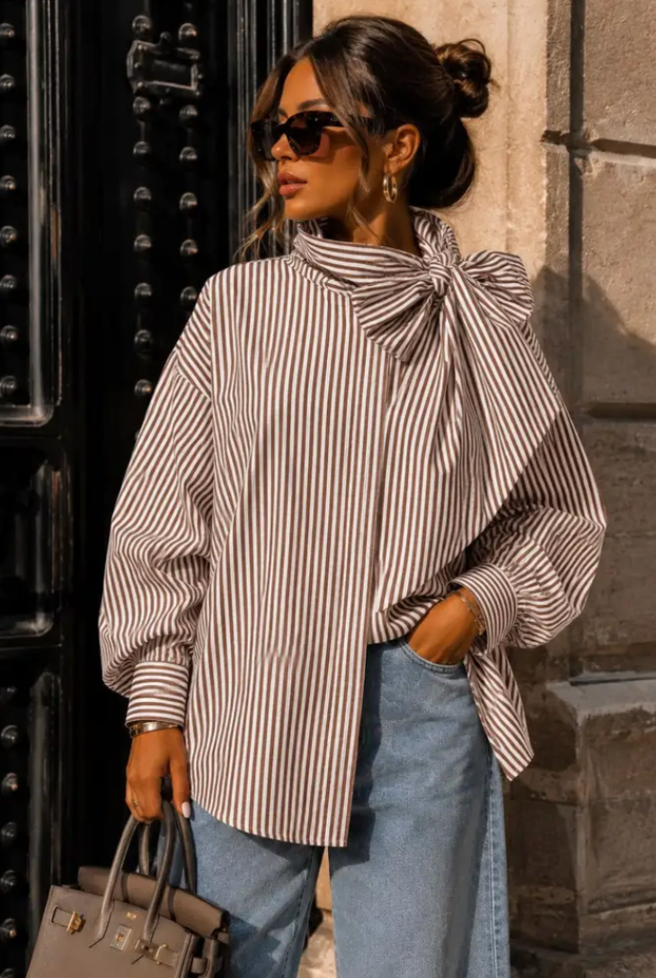 EMELIE- OVERSIZED STRIPED SHIRT WITH TIE COLLAR BROWN- CH310