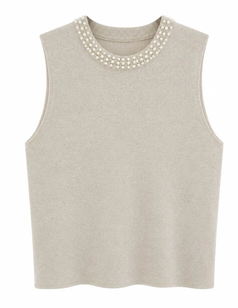 HANNA- Sleeveless Knit Top in Ecru with Pearl Collar