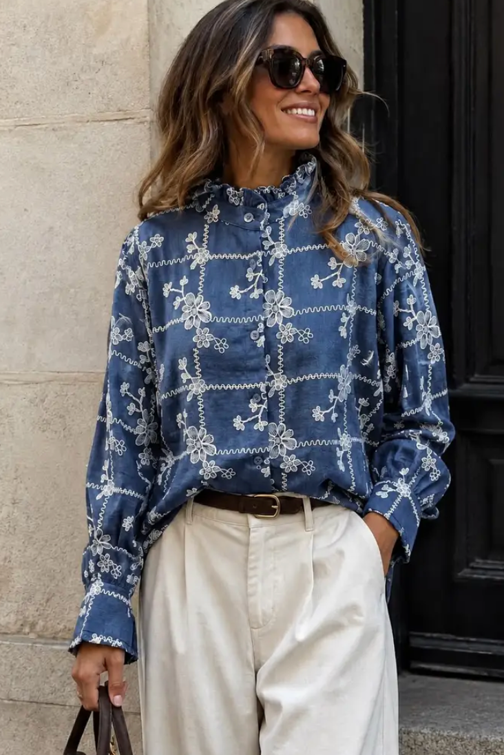 MATILDA-Floral Embroidered Shirt with Ruffled Collar