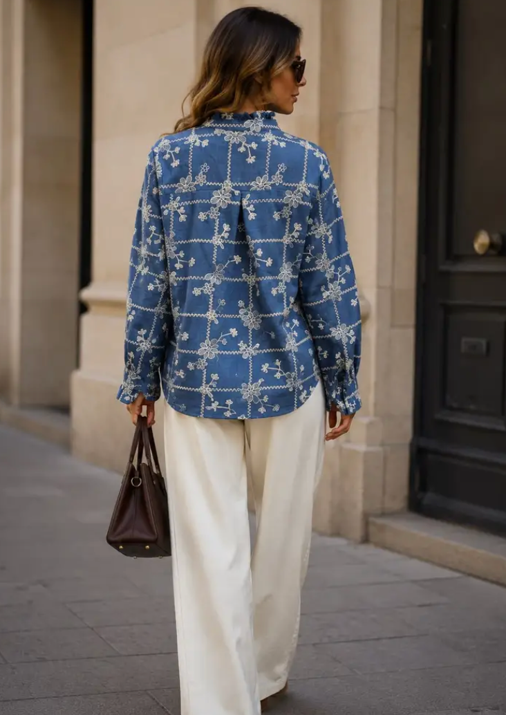 MATILDA-Floral Embroidered Shirt with Ruffled Collar