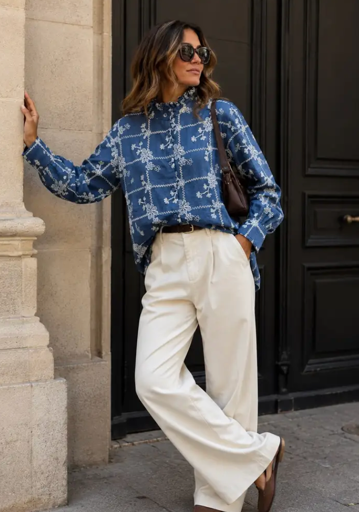 MATILDA-Floral Embroidered Shirt with Ruffled Collar
