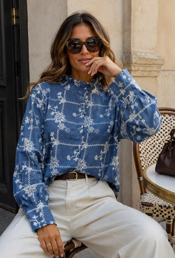 MATILDA-Floral Embroidered Shirt with Ruffled Collar