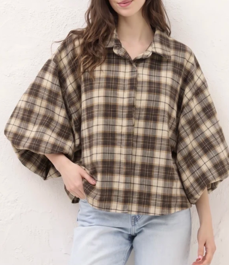 LISA- Short oversized shacket with voluminous batwing sleeves- BRUN