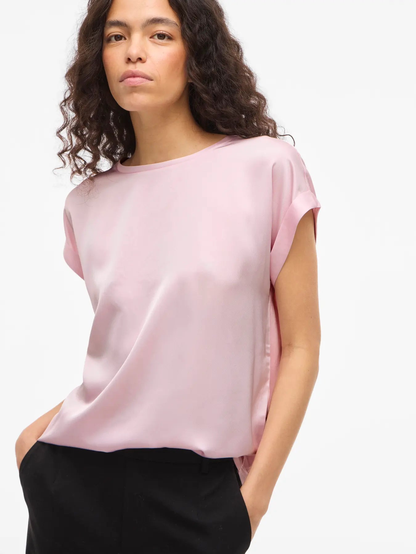 VIELLETTE S/S SATIN TOP LIGHT PINK