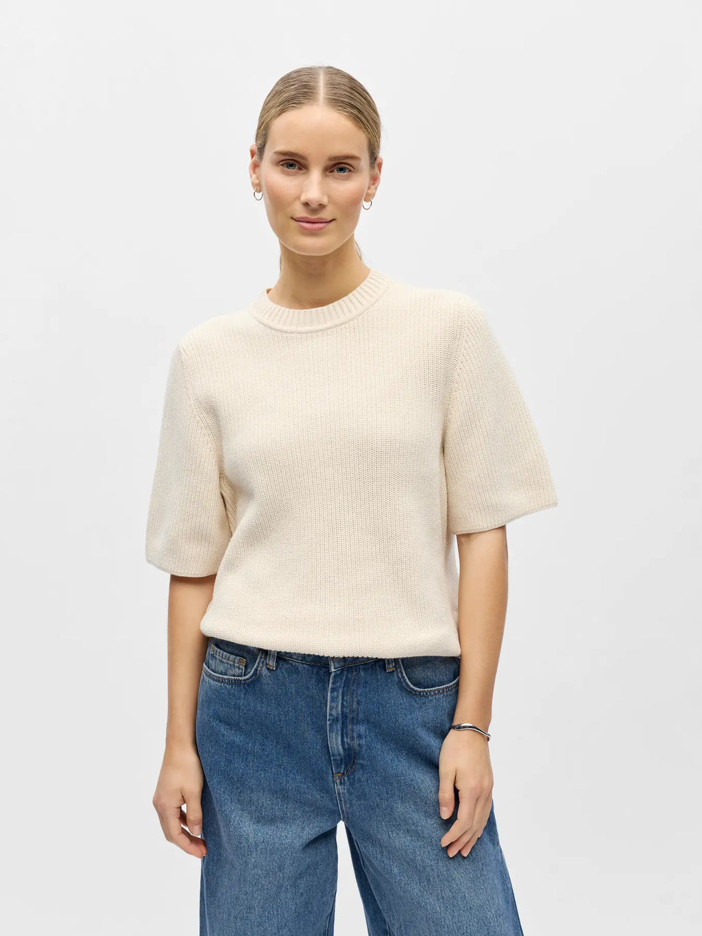 OBJFLO S/S KNIT PULLOVER WHITE SAND