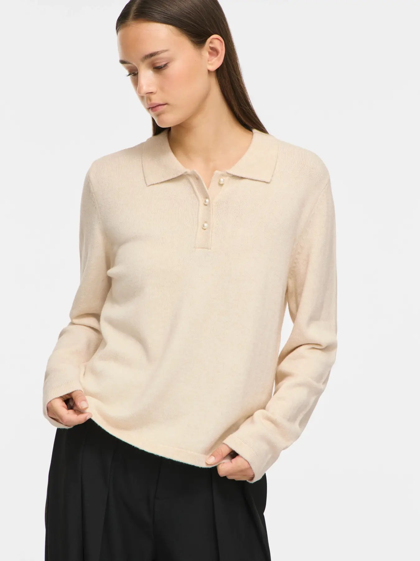 VIRIL L/S POLO PULLOVER KNIT SUPER LIGHT NATURAL MELANGE