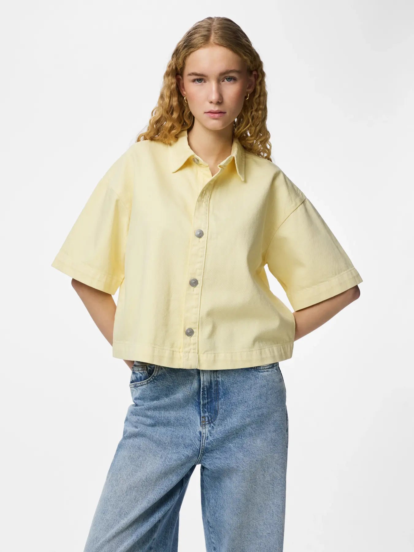 PCSKY SS A-SHAPE DENIM TOP FRENCH VANILLA