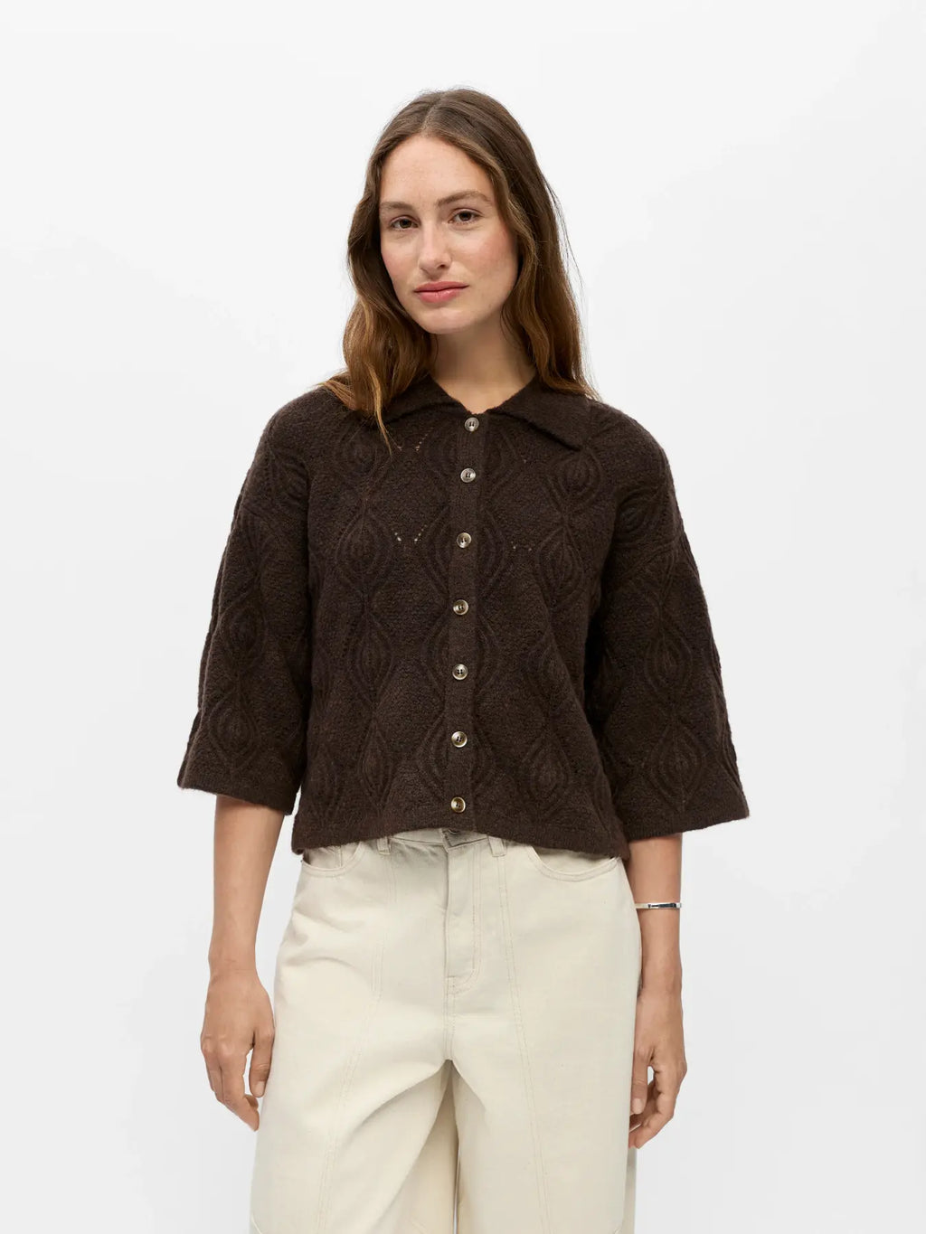 OBJKAISA FLORA 3/4 KNIT CARDIGAN SEAL BROWN MELANGE