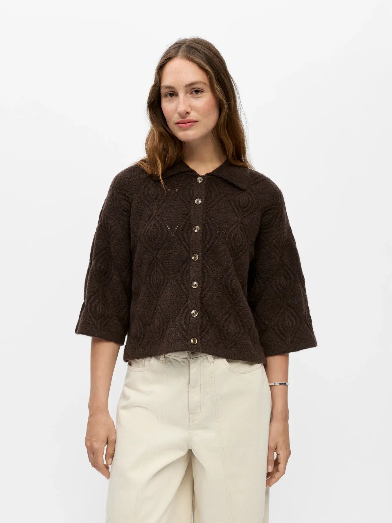 OBJKAISA FLORA 3/4 KNIT CARDIGAN SEAL BROWN MELANGE