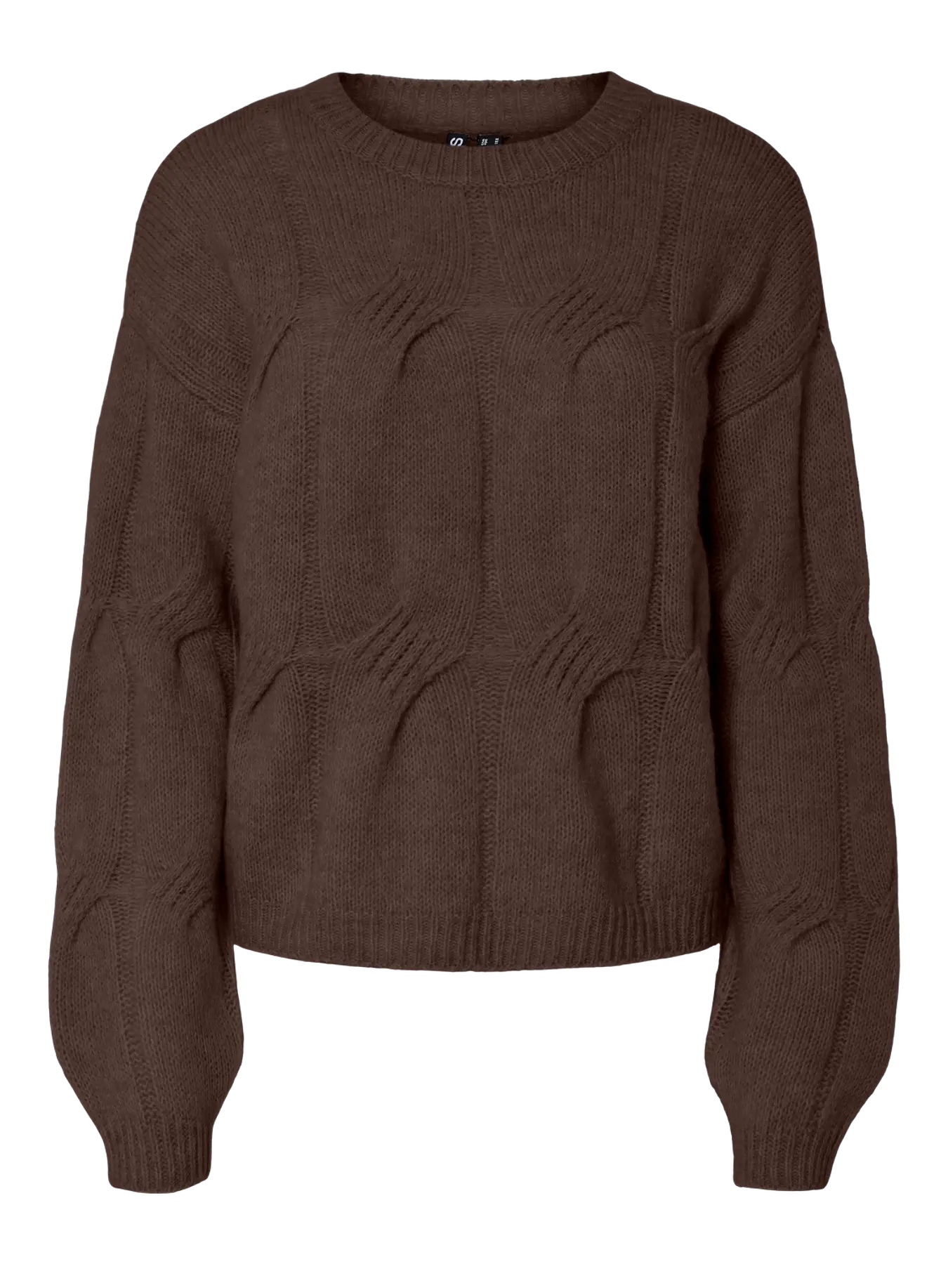 PCJENNA LS O-NECK CABLE KNIT HOT FUDGE