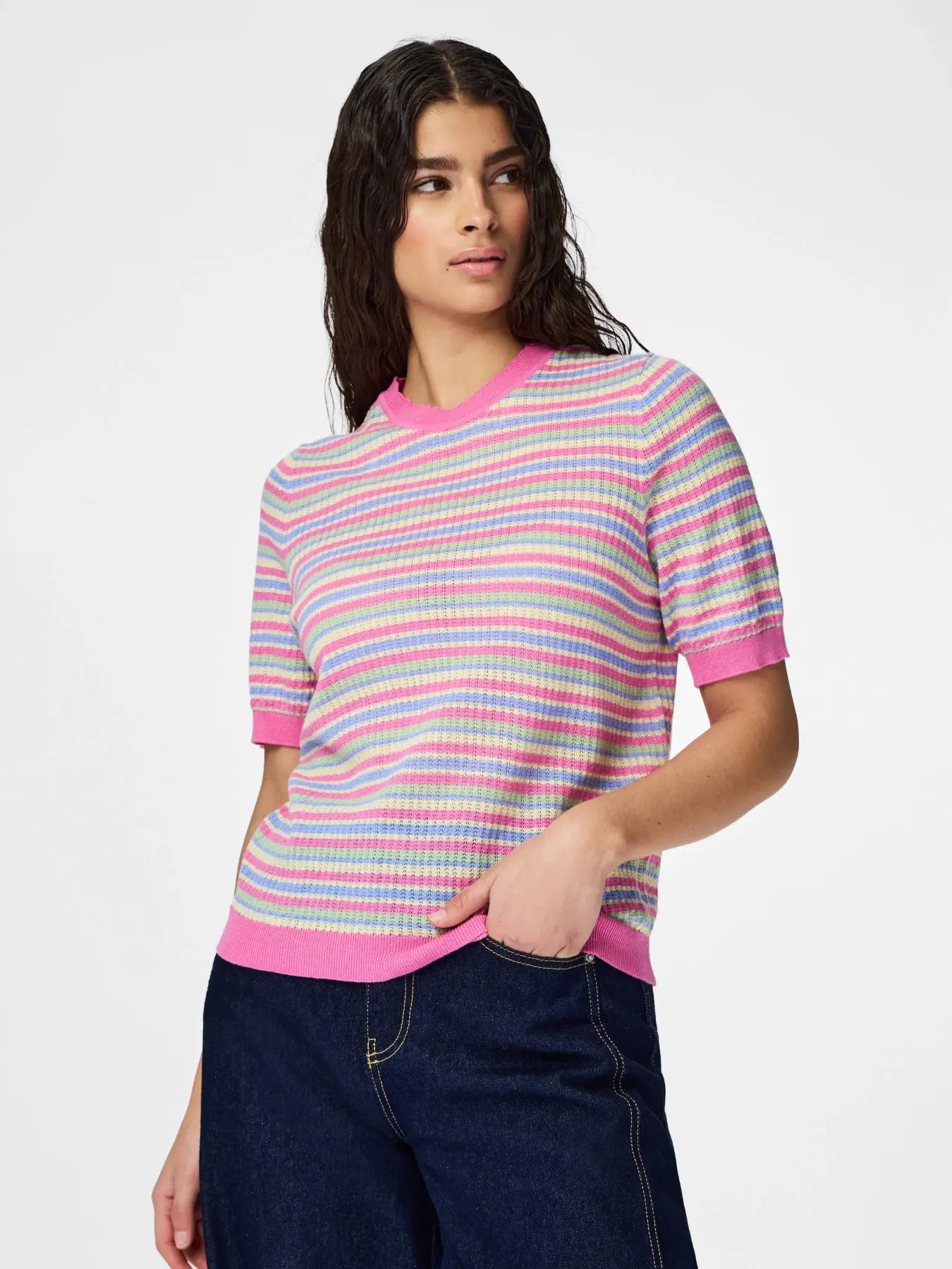 PCDIANA SS O-NECK STRIPE KNIT WILD ORCHID