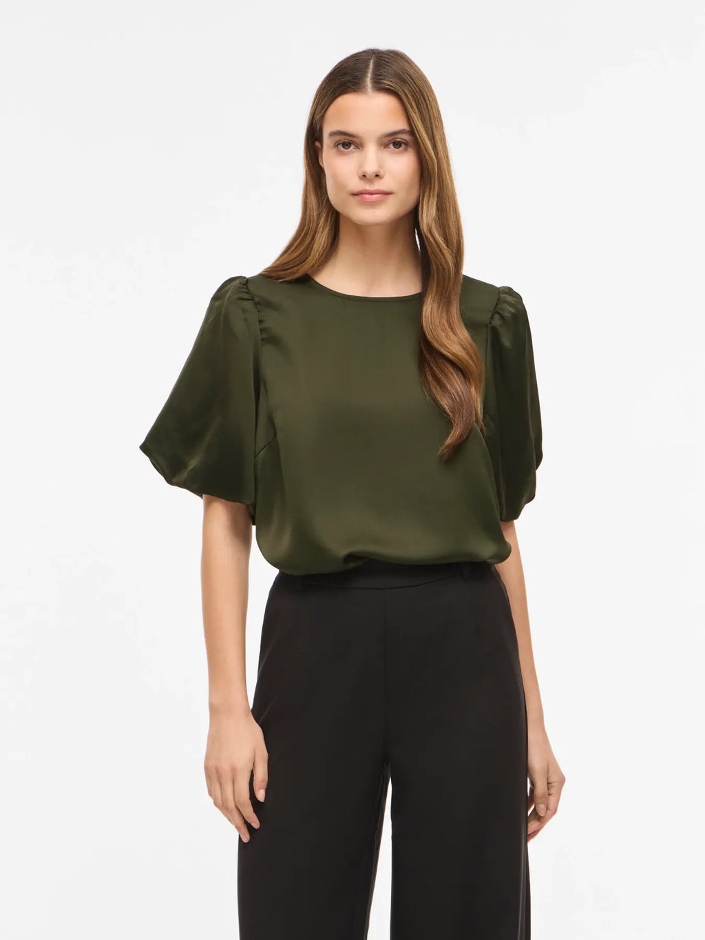 VIELLETTE 2/4 SATIN PUFF TOP FOREST NIGHT